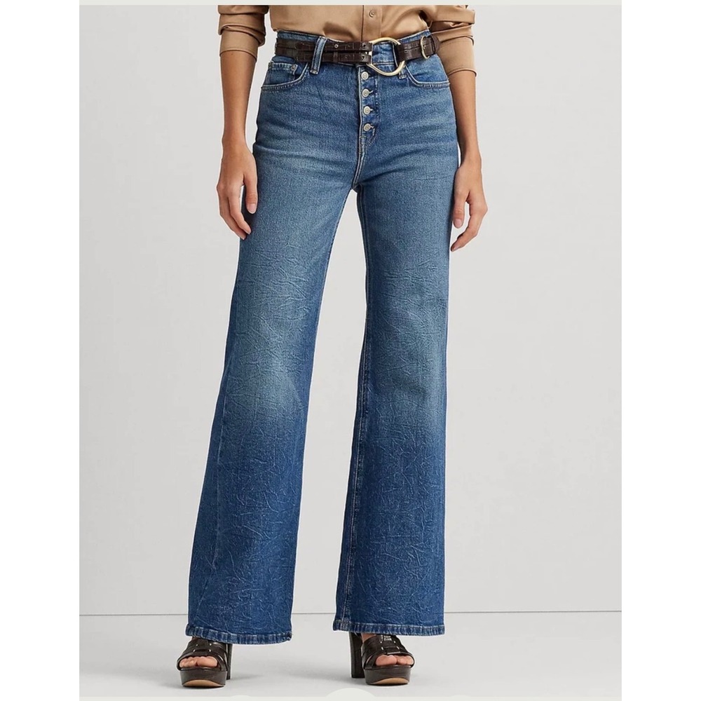 Lauren Ralph Lauren High Rise Flare Jeans 10 Blue Button Fly Embroidered Logo